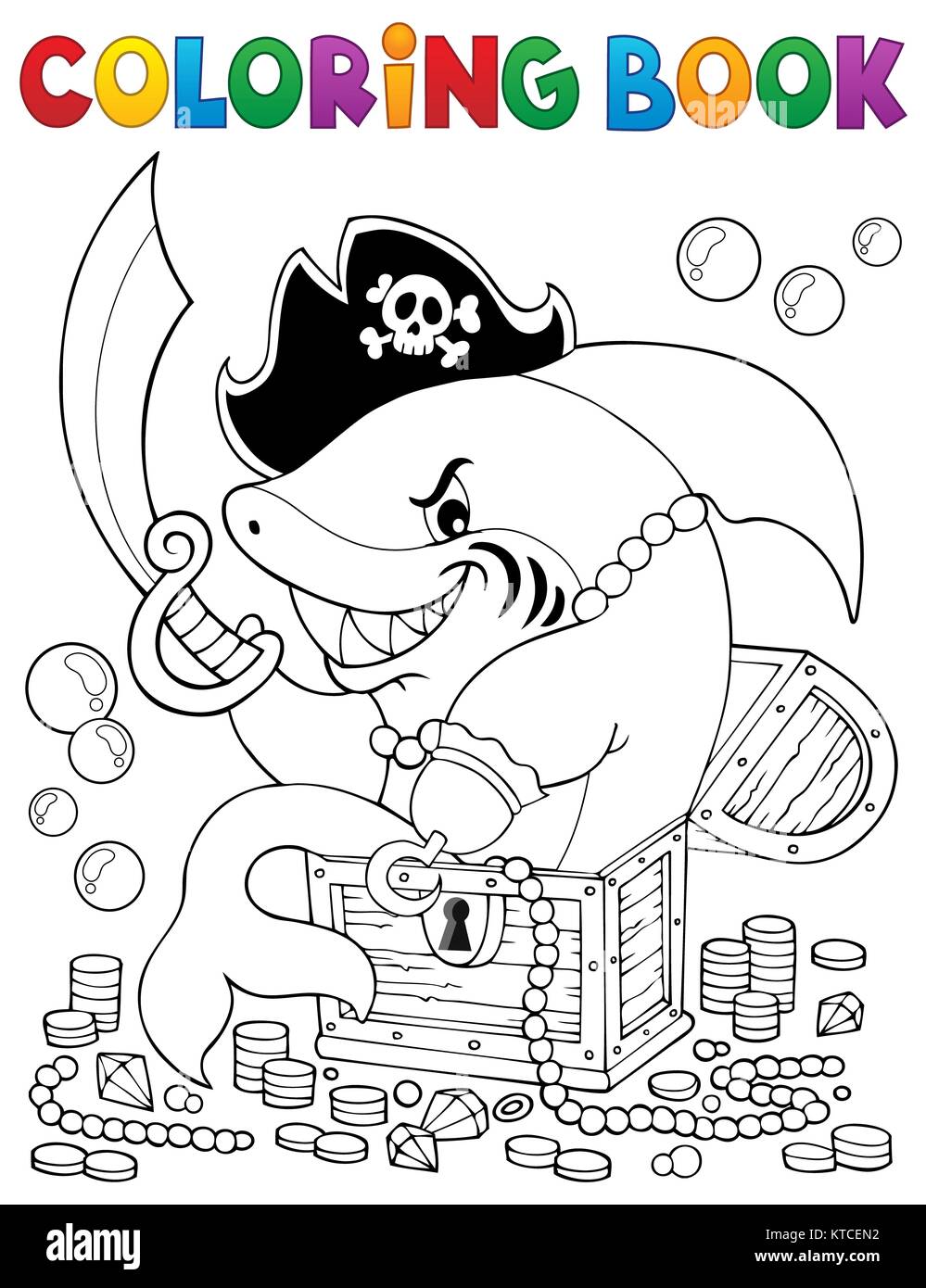 Libro da colorare pirate shark con tesoro Foto Stock
