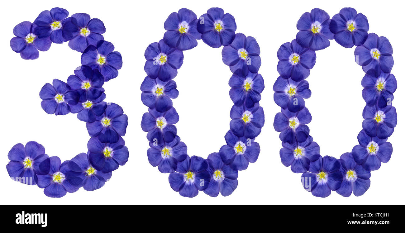 Numero arabo 300, trecento, dai fiori blu di lino, isolato su sfondo bianco Foto Stock