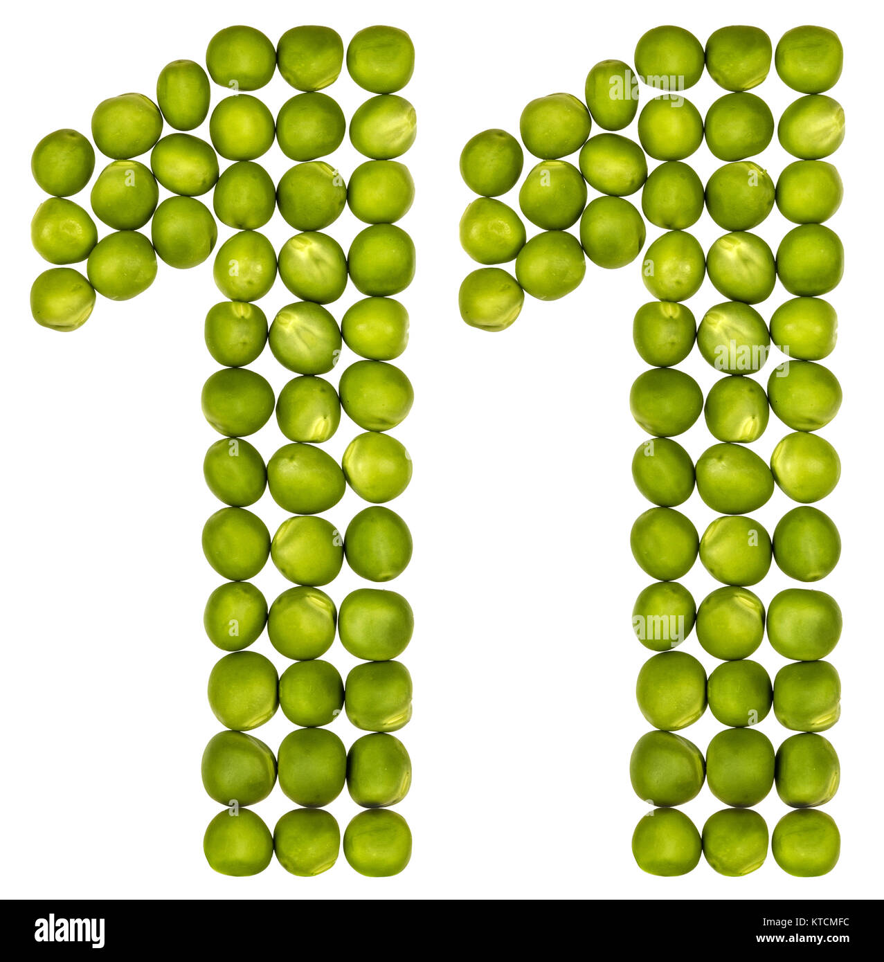 Numero arabo 11, undici, dal verde piselli, isolati su sfondo bianco Foto Stock