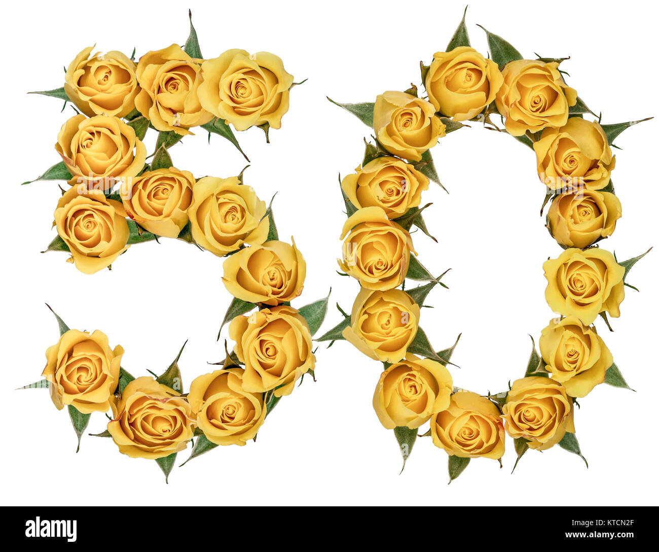 Numero arabo 50, cinquanta, dal giallo dei fiori di rosa, isolati su sfondo bianco Foto Stock