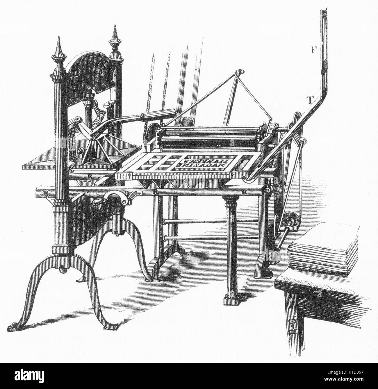 Incisione di una mano premere utilizzato per le bozze presso una società di stampa rendendo i libri. Da Harper stabilimento da Jacob Abbott, 1855. Foto Stock