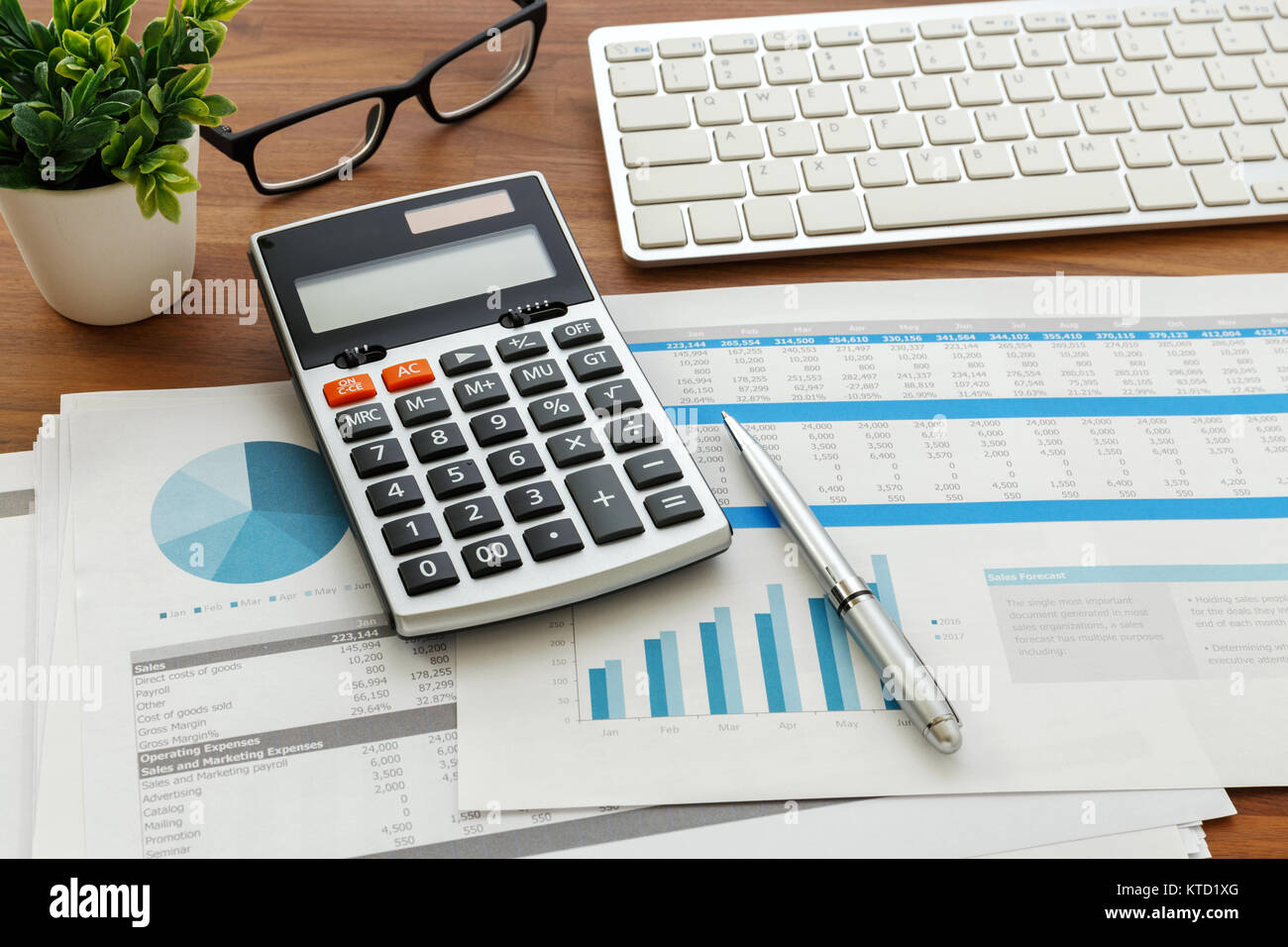 La contabilità finanziaria con la calcolatrice e finanziario i dati del grafico e della tastiera del computer Foto Stock