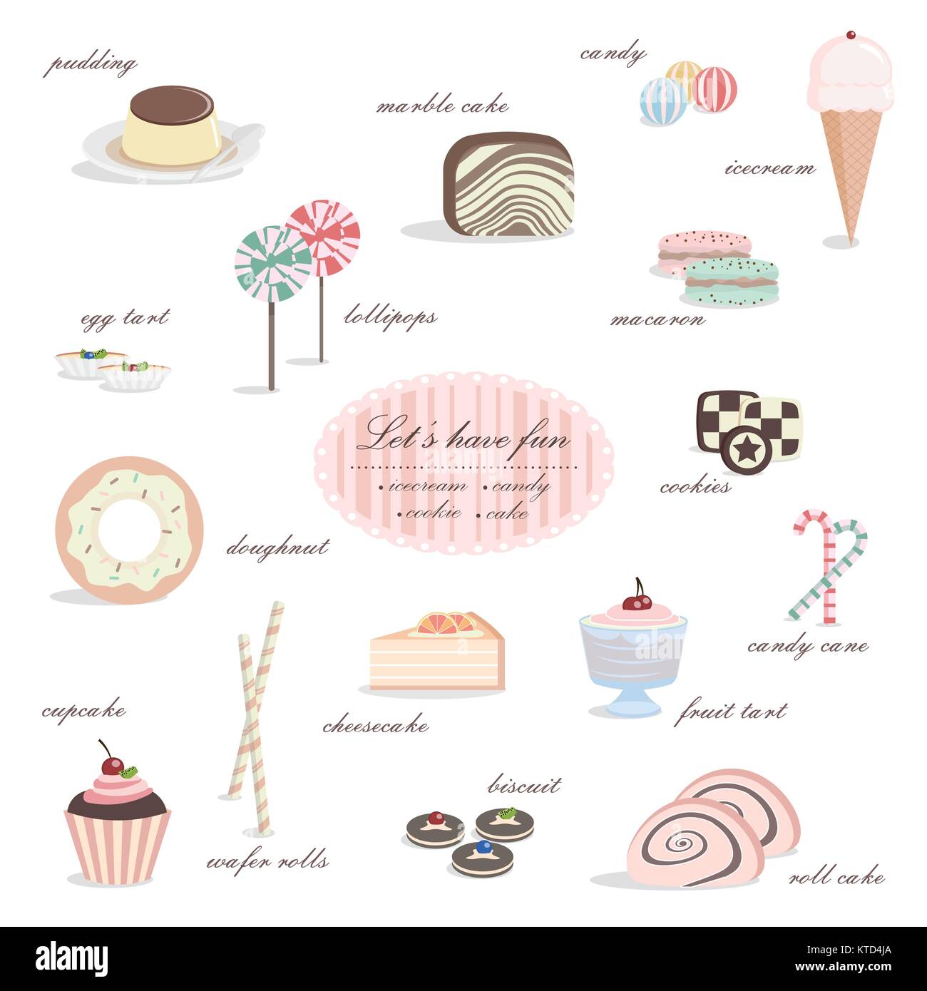 Deliziosi dessert raccolta di candy budino torta gelato e ciambella. Illustrazione Vettoriale