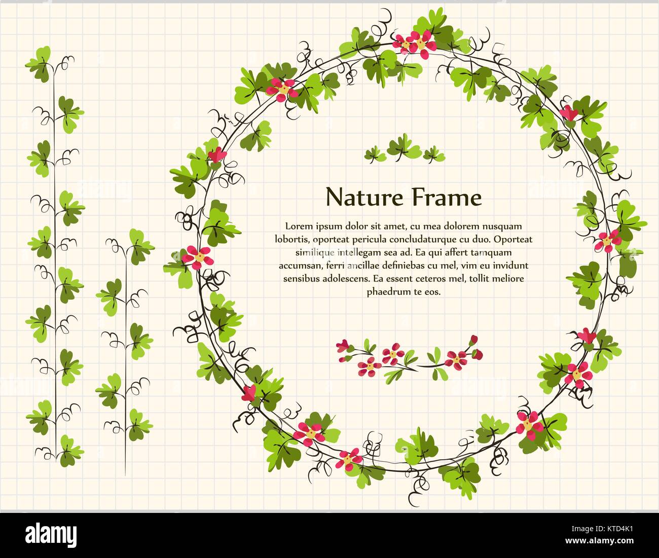 Natura botanico giardino verde foglia di vite a spirale rosso fiore carino impostare collezione Illustrazione Vettoriale