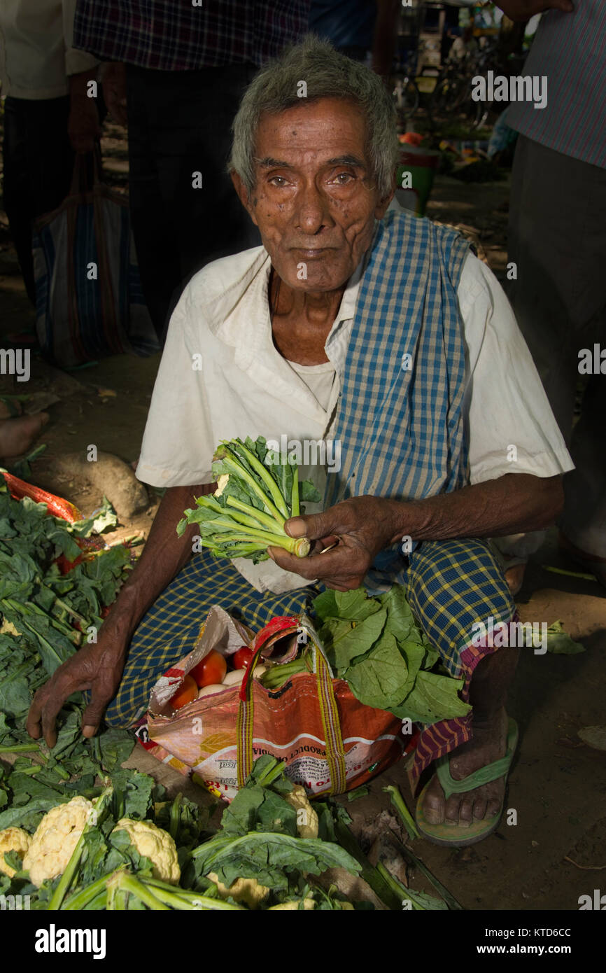 ASIA, India, Assam, Nagaon distretto, Kaliabor, uomo vendere verdure al mercato Foto Stock