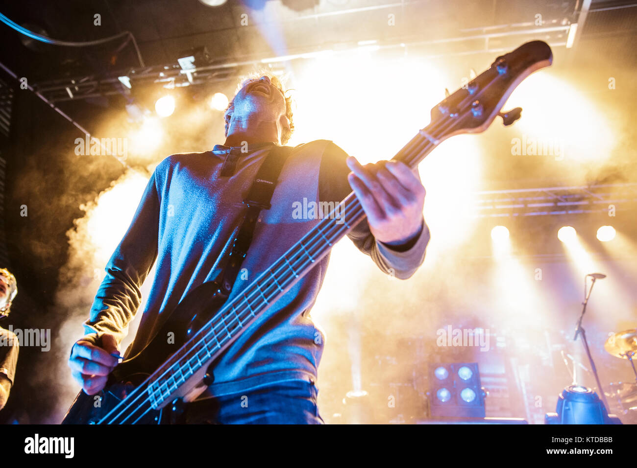 La Australian metalcore band Parkway Drive esegue un concerto dal vivo a Amager Bio in Copenhagen. Qui bass player Jia O Connor è visto dal vivo sul palco. Danimarca, 10/12 2014. Foto Stock