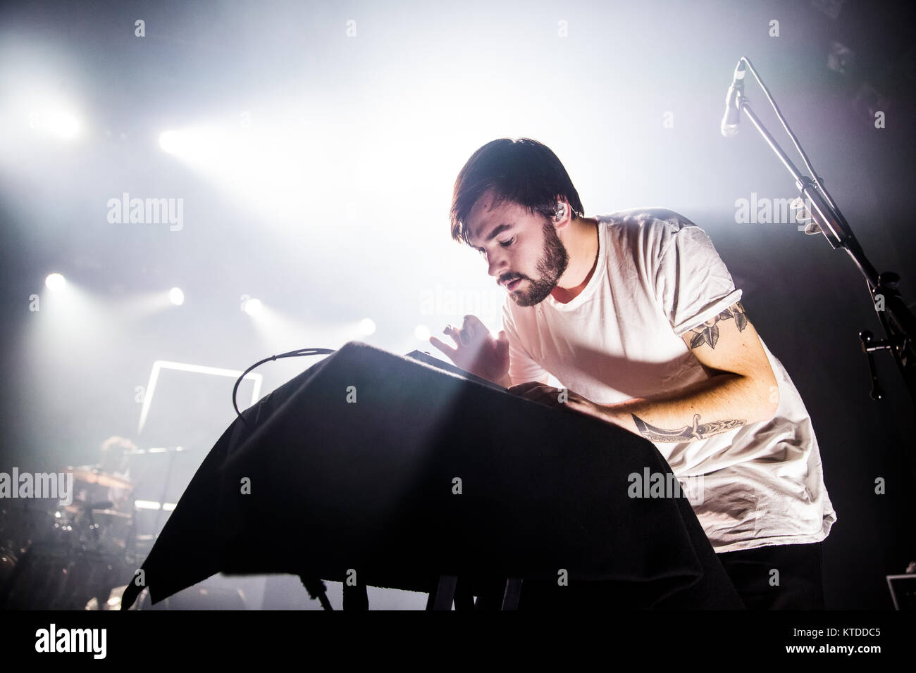 L'inglese indie rock e synth pop band il 1975 esegue un concerto dal vivo a VEGA in Copenhagen. Qui il musicista Ross MacDonald è visto dal vivo sul palco. Danimarca, 15/10 2014. Foto Stock