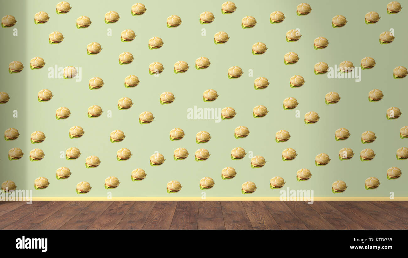 Carta da parati con Hamburger pattern e pavimento in legno, rendering 3D Foto Stock