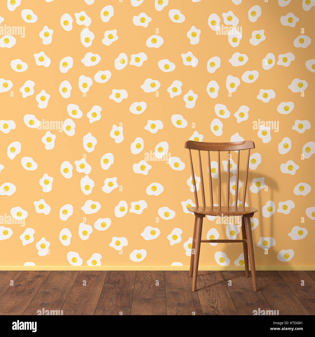 Carta da parati con uovo fritto pattern, sedia in legno e pavimento in legno, rendering 3D Foto Stock