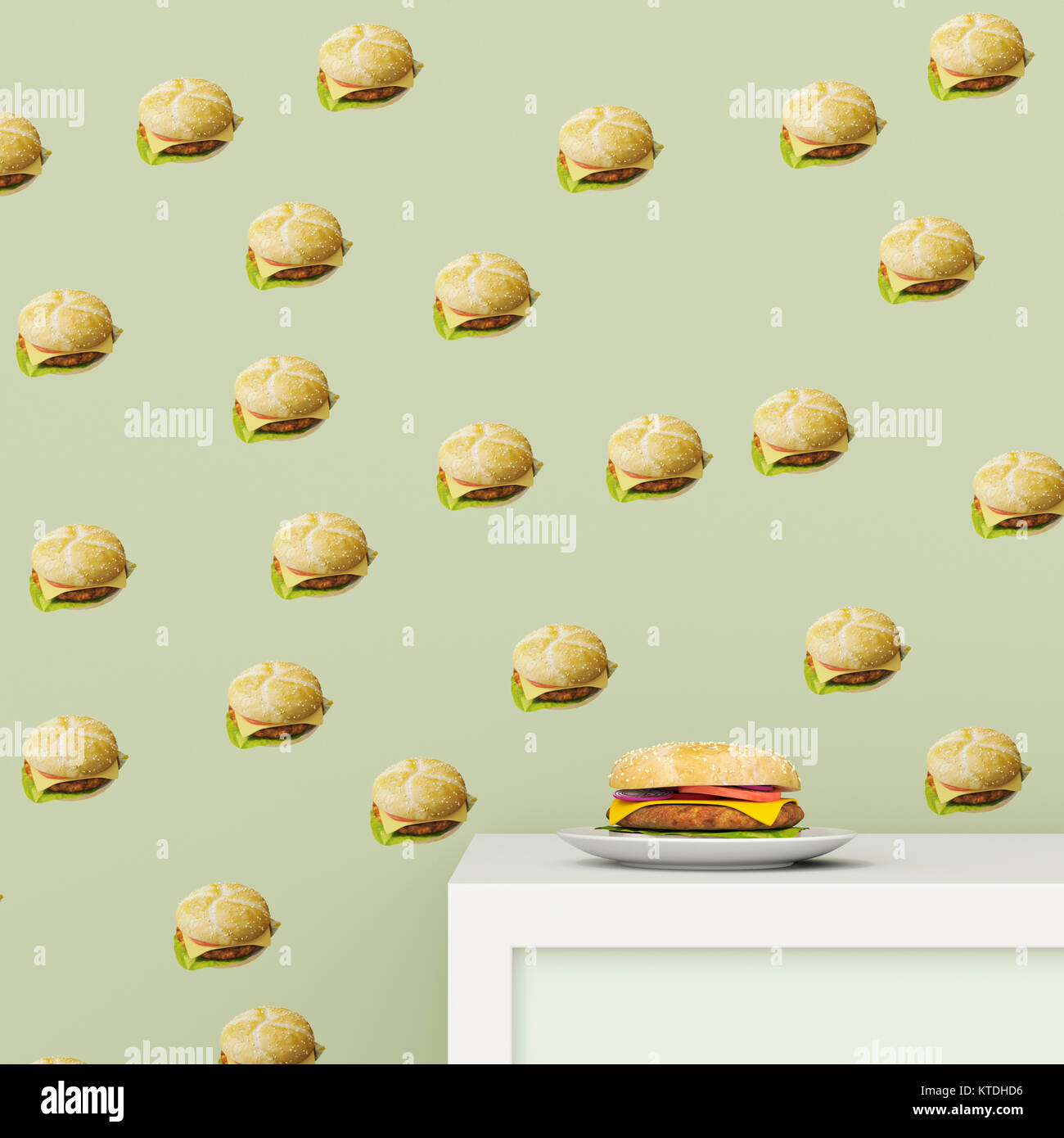 Piastra con Hamburger sulla tazza di bordo nella parte anteriore della carta da parati con Hamburger pattern, rendering 3D Foto Stock