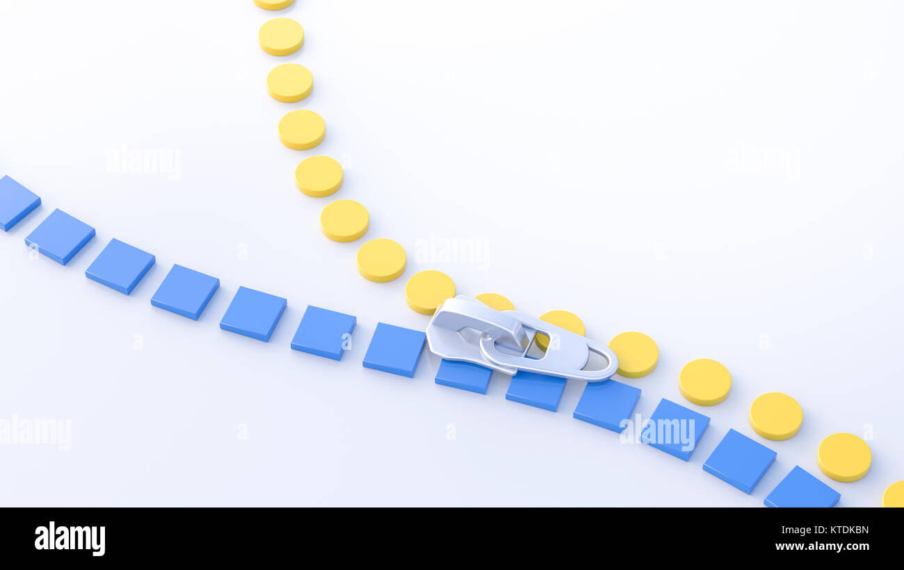 3D'illustrazione, zipper, giallo cerchi e quadrati blu Foto Stock