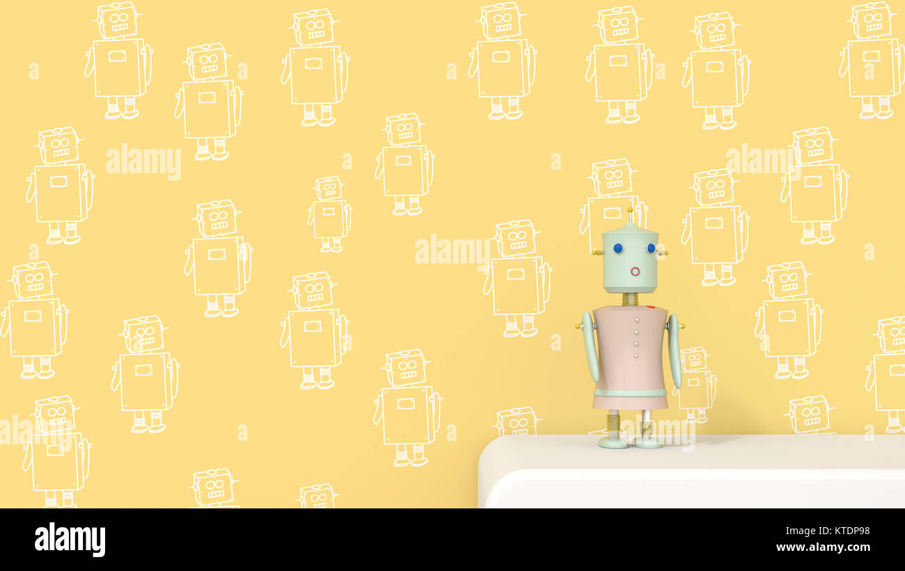 Robot femmina sulla credenza nella parte anteriore della parete modellato carta, rendering 3D Foto Stock