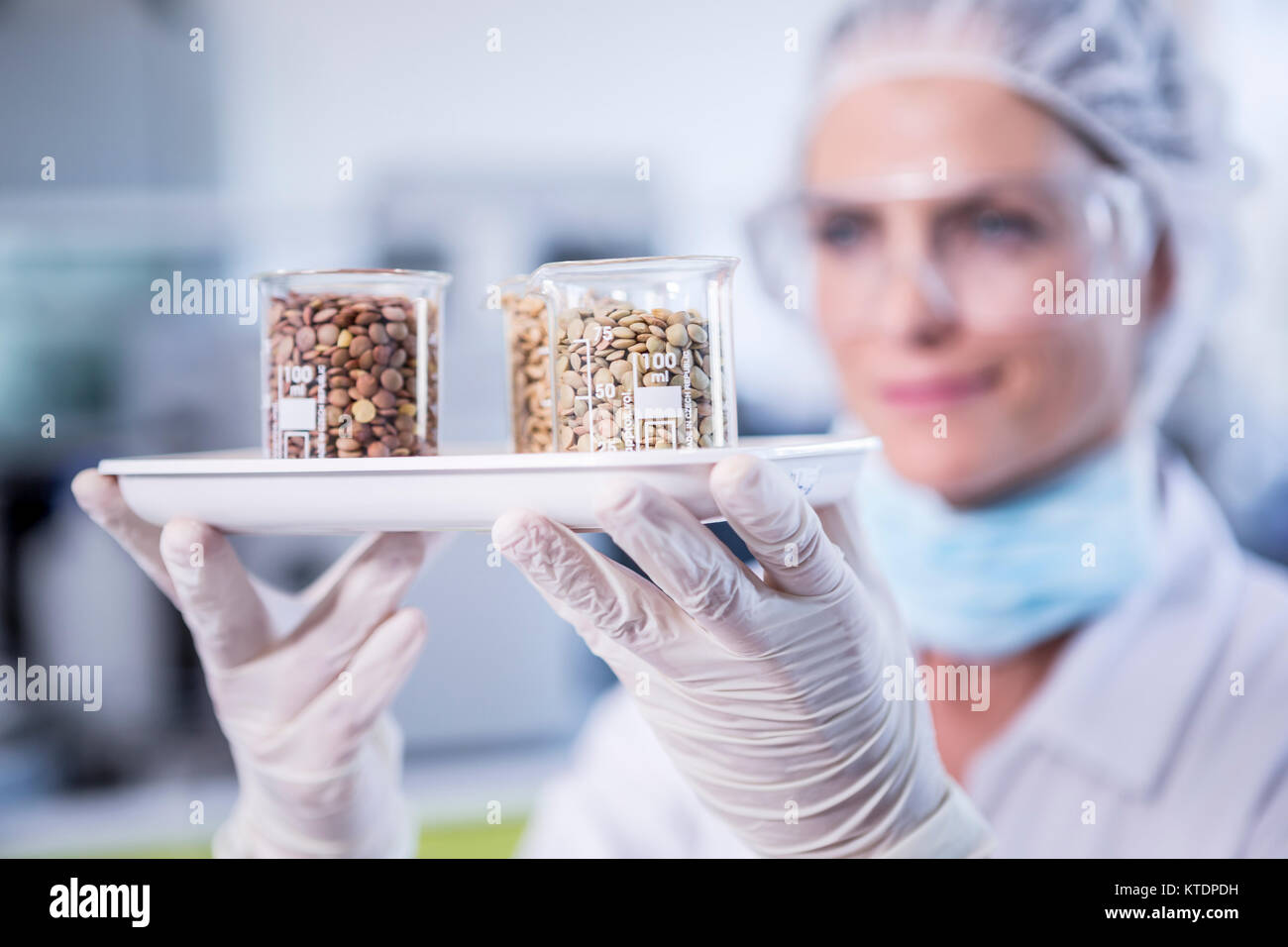 Scienziato in lab tenendo il vassoio con i campioni di sementi Foto Stock
