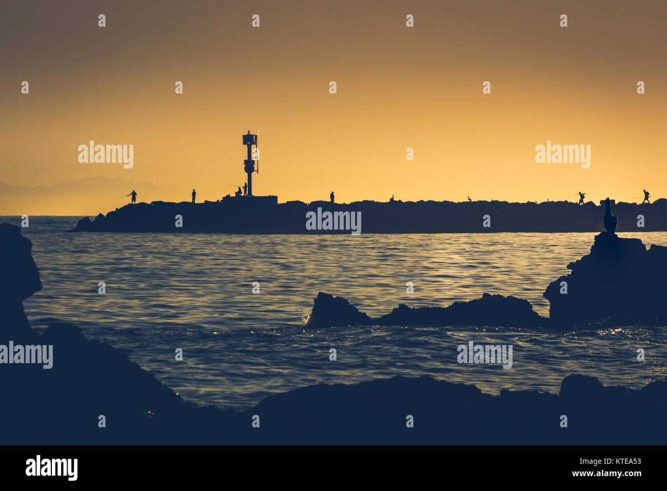 Silhouette di pelican poste su una formazione di roccia al tramonto dalla piccola spiaggia della Corona, Corona del Mar, California con persone di pesca da un molo nel Foto Stock