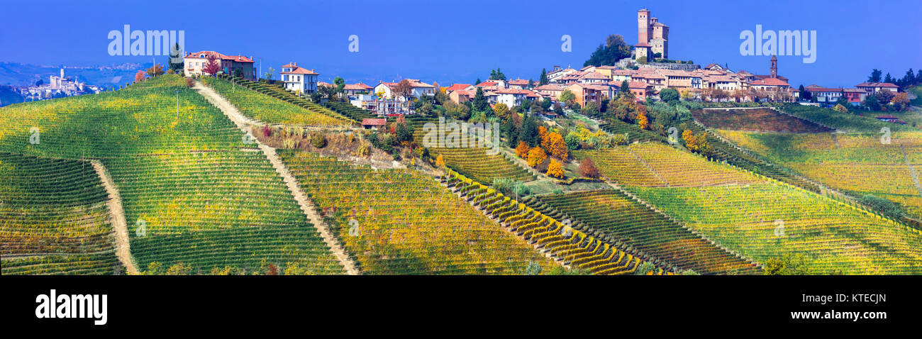 Impressionante Serralunga d' Alba Village,vista con vigneti e il castello,piemonte,l'Italia. Foto Stock