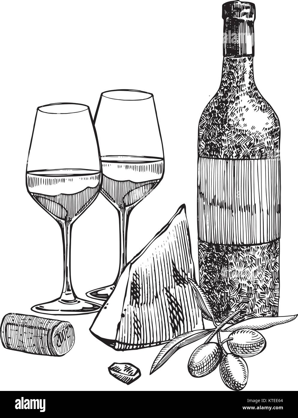 Insieme Disegnato A Mano Del Vetro Della Bottiglia Di Vino E Della Ve Del Fondo 37421280