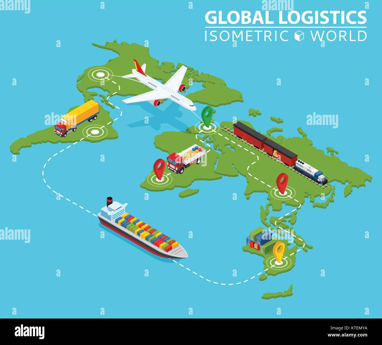 Logistica globale isometrica infografico del veicolo. Nave cargo FURGONE Carrello servizio di logistica. Importazione/Esportazione catena. Garantire consegne disegno. Distribuire Obj Illustrazione Vettoriale