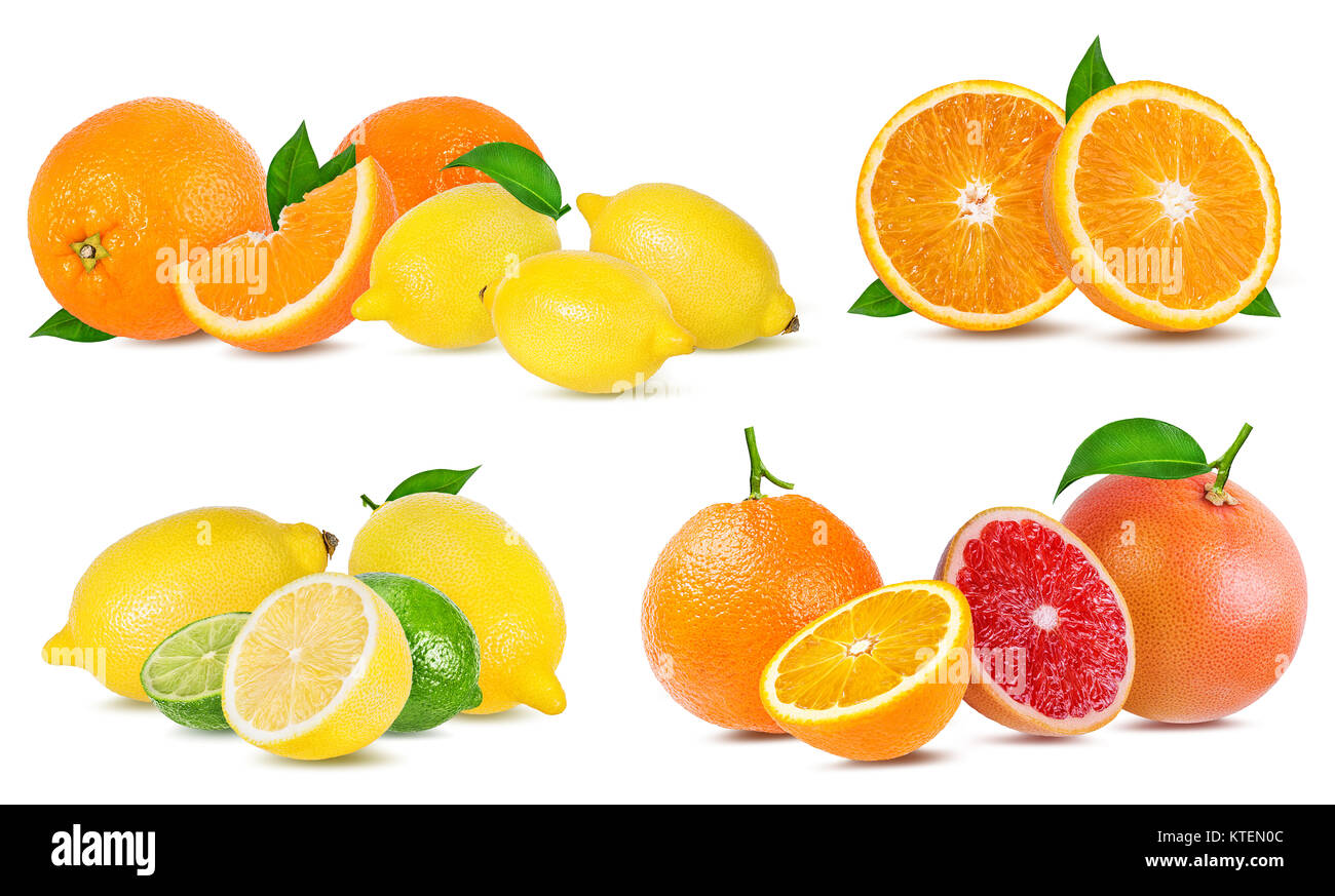 Agrumi Set (arancione, pompelmo, calce, limone) isolati su sfondo bianco. Foto Stock