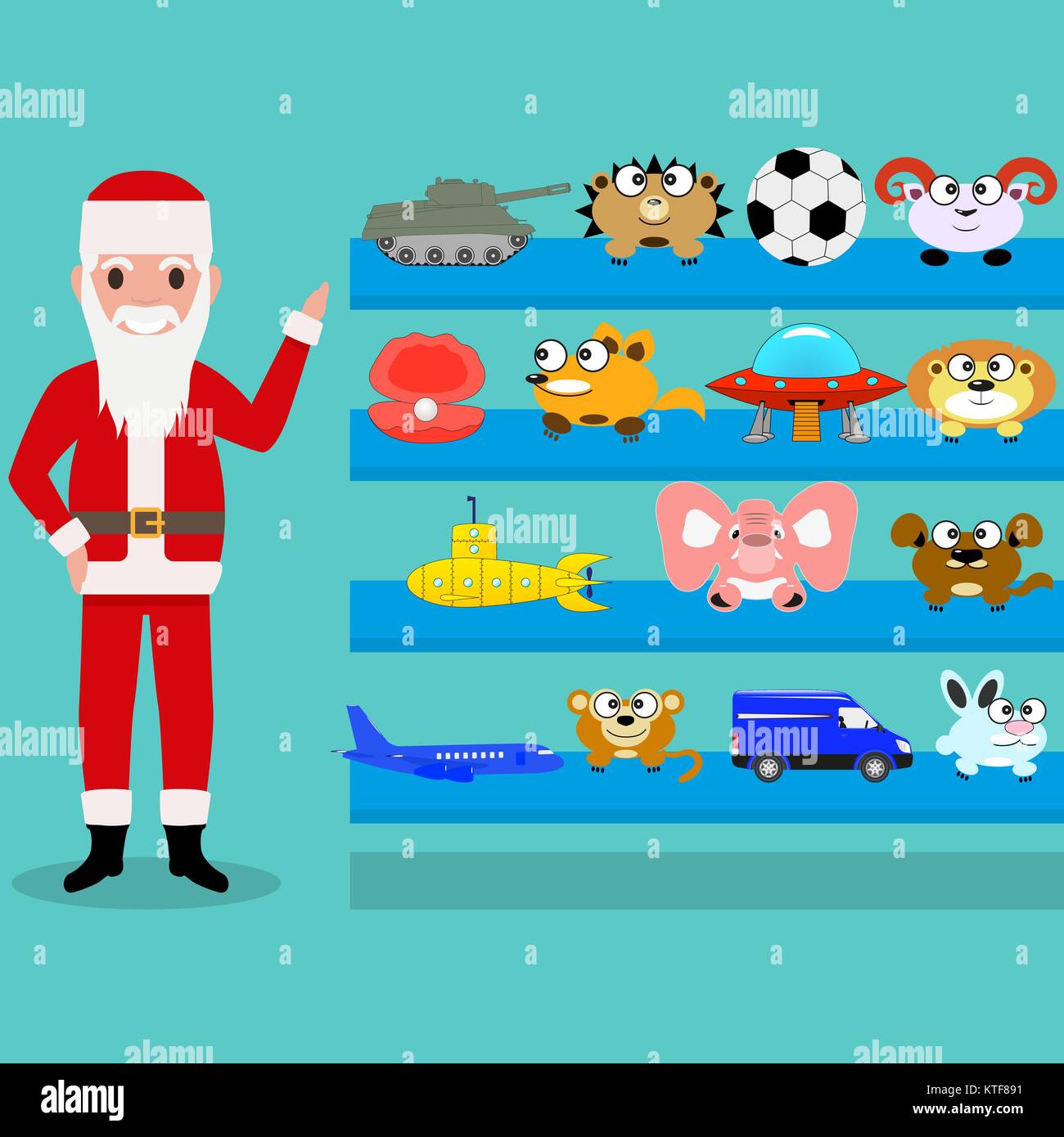 Cartoon Babbo Natale mostra i giocattoli sullo scaffale Illustrazione Vettoriale