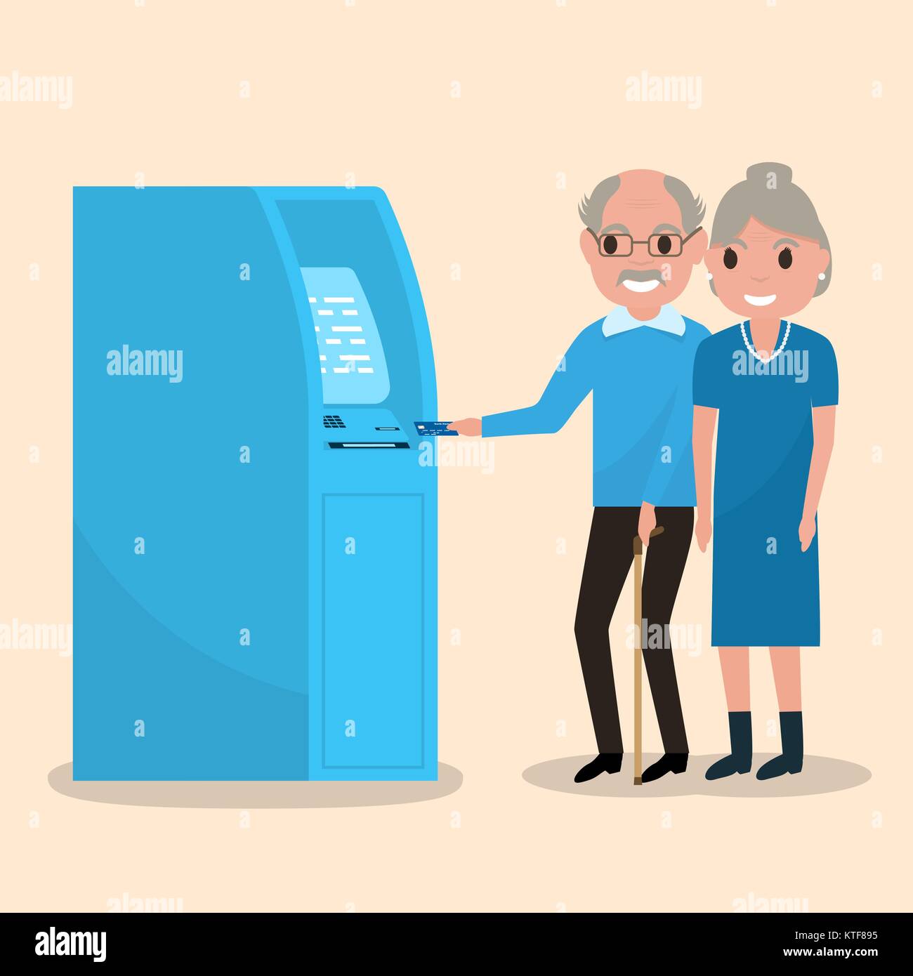 Il vecchio uomo mette una scheda elettronica nell'ATM Illustrazione Vettoriale