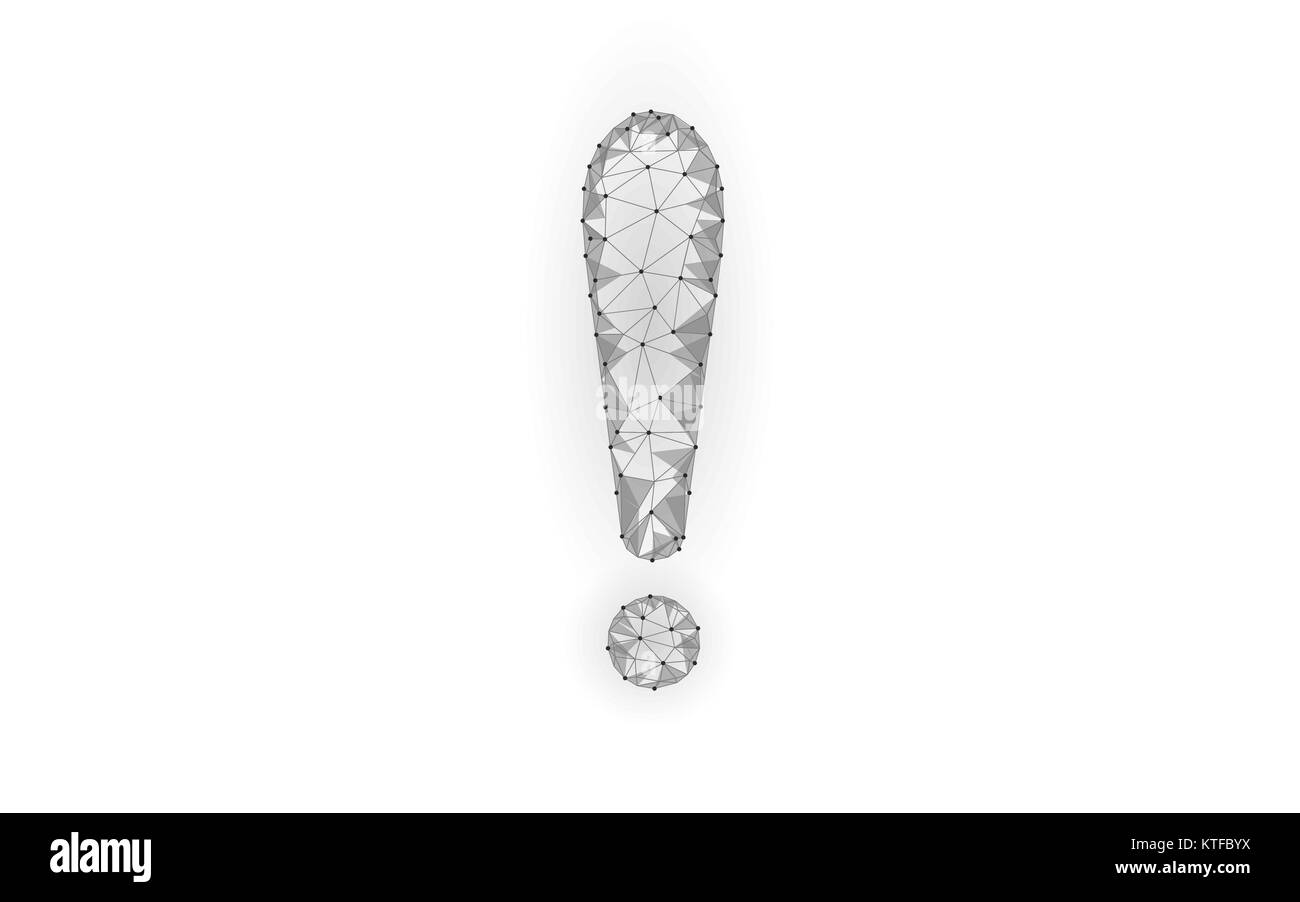 Attenzione attenzione punto esclamativo bassa poli. Avviso importante eccitante pericoloso marketing business concetto della promozione. Bianco grigio triangolo incandescente punto linea tecnica poligonale illustrazione vettoriale Illustrazione Vettoriale