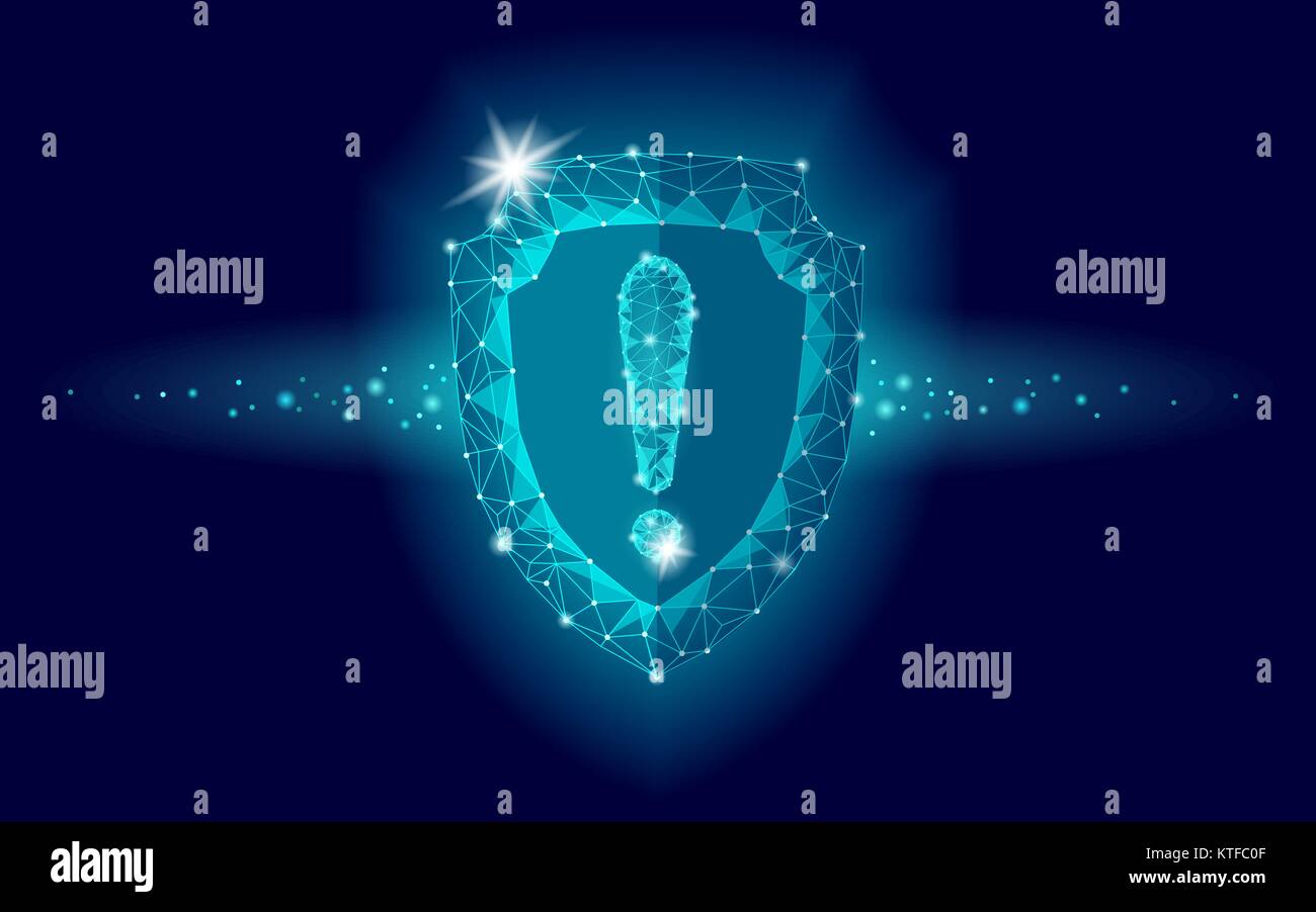 Cyber security protezione di sicurezza bassa poli punto esclamativo. Geometriche poligonali guard attenzione allarme virus attacco internet avviso antivirus. Bagliore blu protezione firewall hacker illustrazione vettoriale Illustrazione Vettoriale