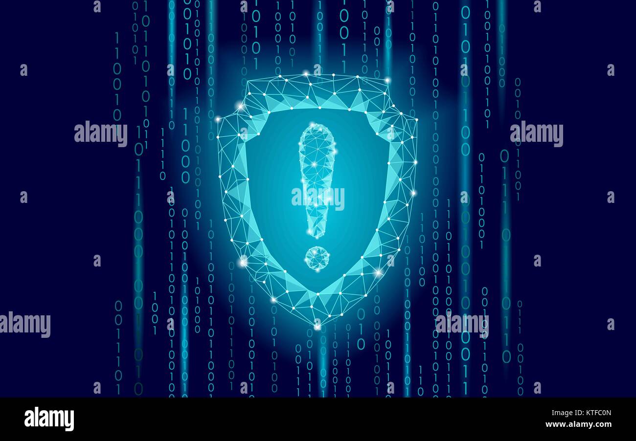 Cyber security protezione di sicurezza bassa poli punto esclamativo. Geometriche poligonali guard attenzione allarme virus attacco internet avviso antivirus. Bagliore blu protezione firewall hacker illustrazione vettoriale Illustrazione Vettoriale