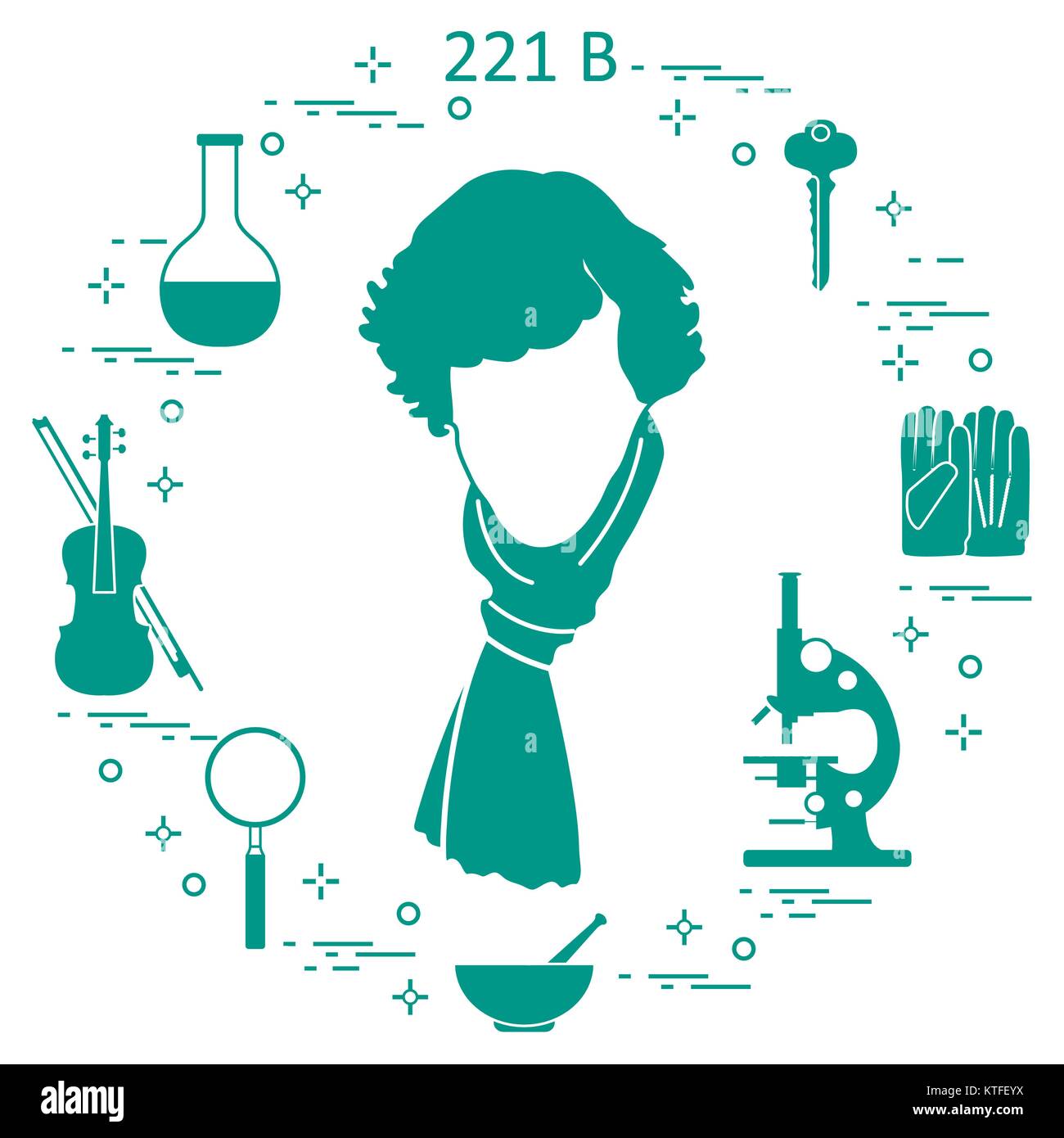 Detective privato Sherlock Holmes con una varietà di strumenti e apparecchiature. L'eroe della popolare serie TV. Design per un annuncio stampa. Illustrazione Vettoriale