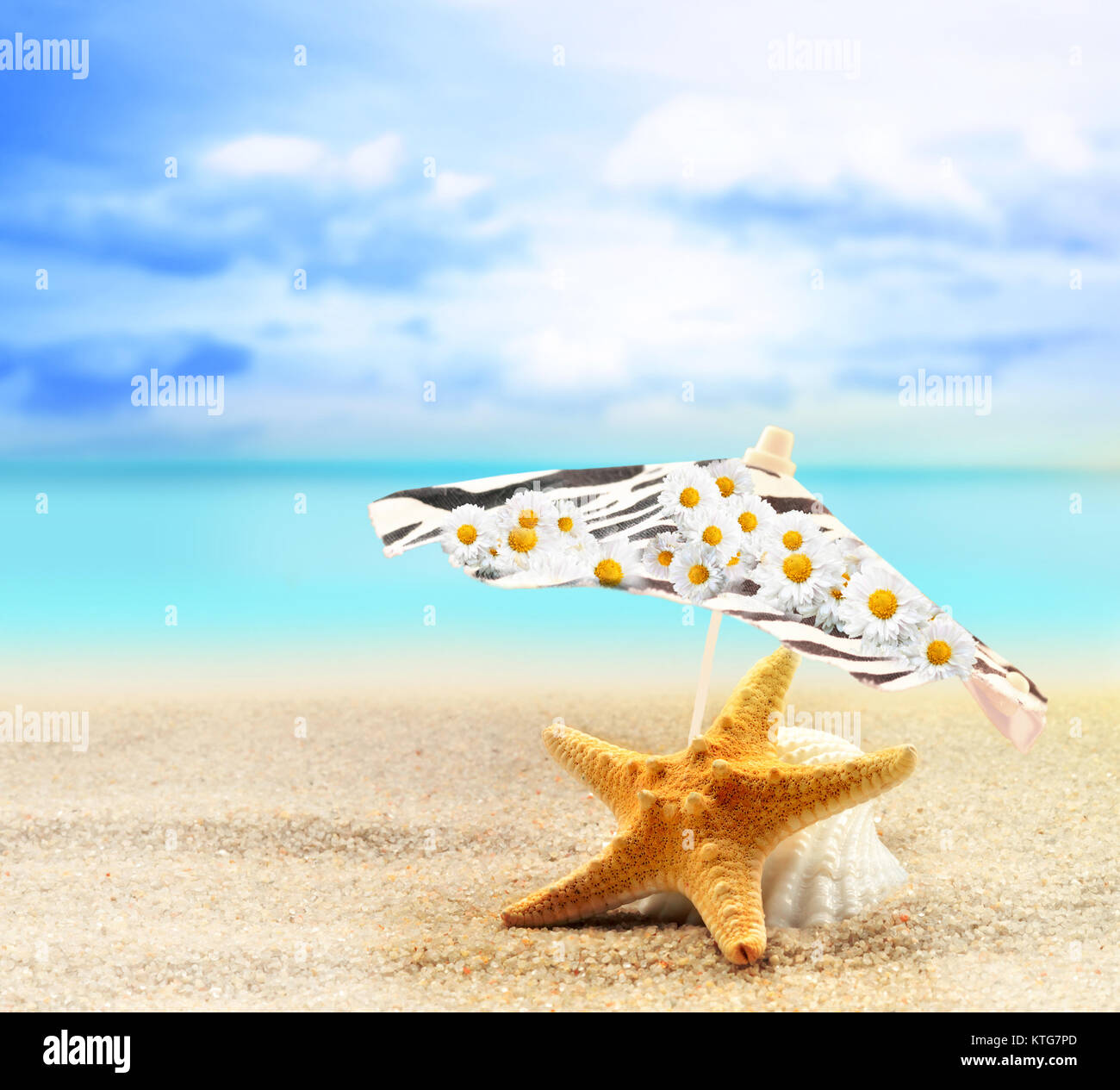 Seashell e stelle marine sotto un ombrellone sulla spiaggia sabbiosa a Sfondo oceano Foto Stock