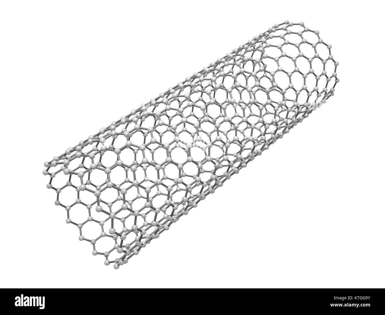I nanotubi di carbonio della struttura molecolare, atomi in avvolto reticolo esagonale isolata su sfondo bianco, 3D Rendering immagine Foto Stock