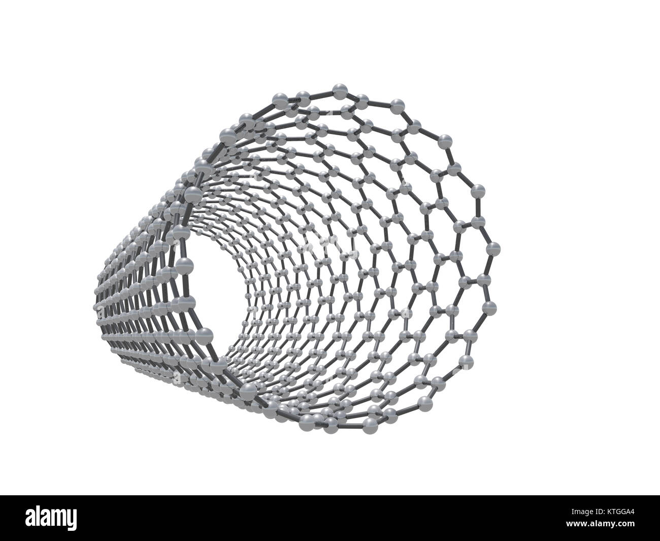 Nanotubi di carbonio struttura molecola atomi di carbonio avvolto nel reticolo esagonale isolata su sfondo bianco, 3D render Foto Stock