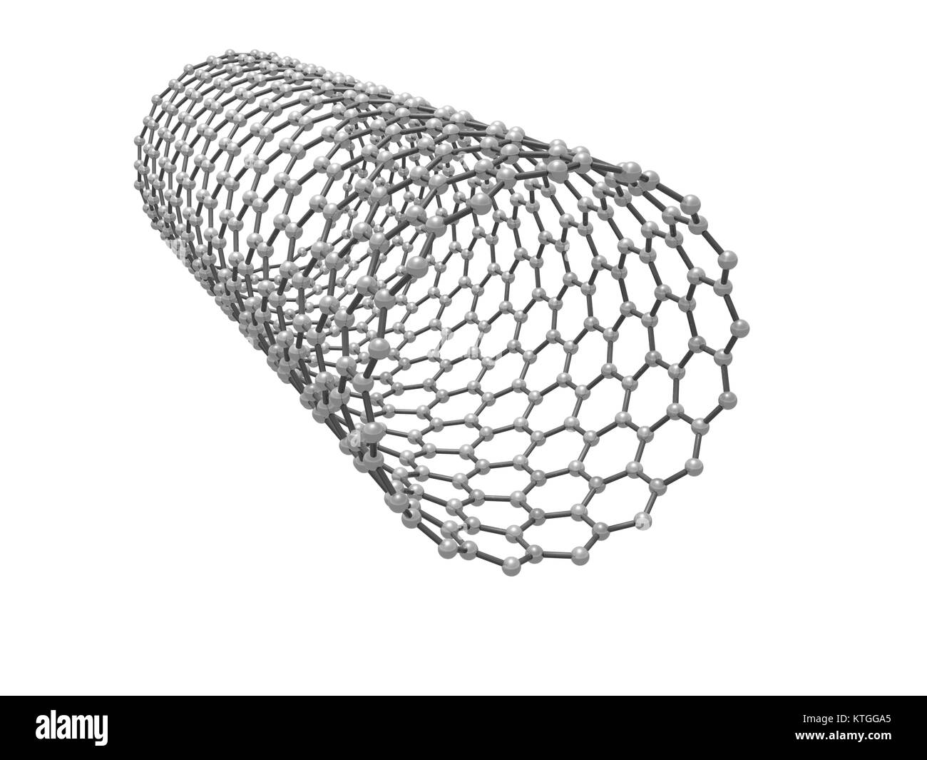 I nanotubi di carbonio della struttura molecolare, atomi di carbonio avvolto nel reticolo esagonale isolata su sfondo bianco, 3D Rendering immagine Foto Stock