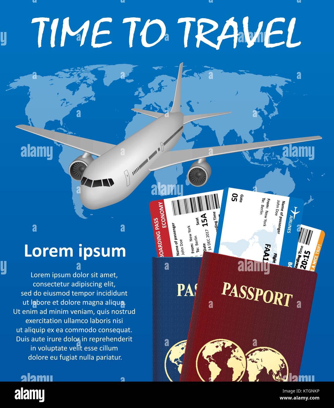 Viaggio di lavoro banner con passaporto, biglietti aerei e di terra su sfondo. Aria concetto di viaggio. Business travel illustrazione vettoriale. Illustrazione Vettoriale