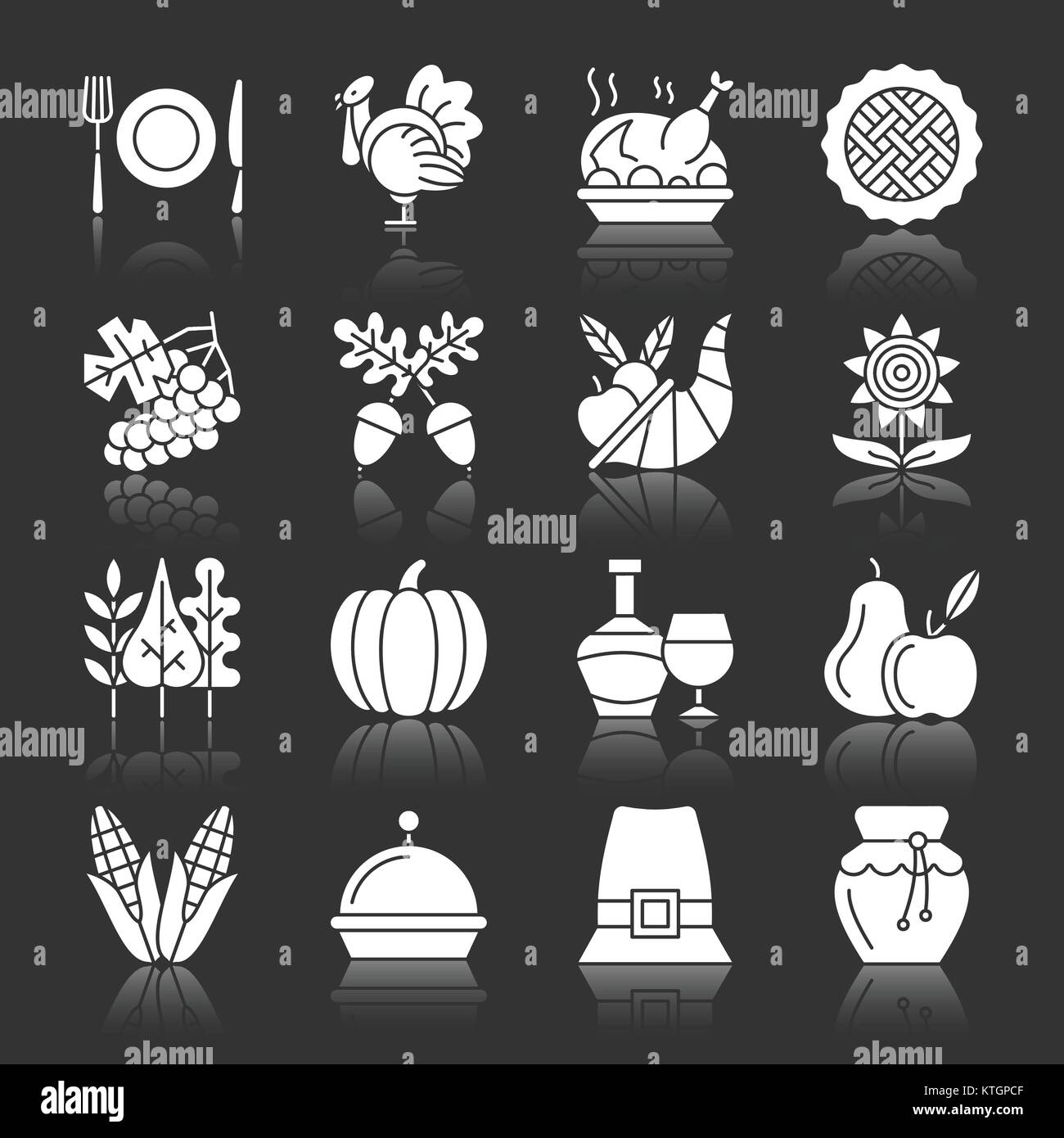 La Giornata del Ringraziamento white silhouette con la riflessione icon set. Monocromatico design piatto di raccolta di simbolo. Zucca, cornucopia, Turchia, verdure, vacanze Illustrazione Vettoriale