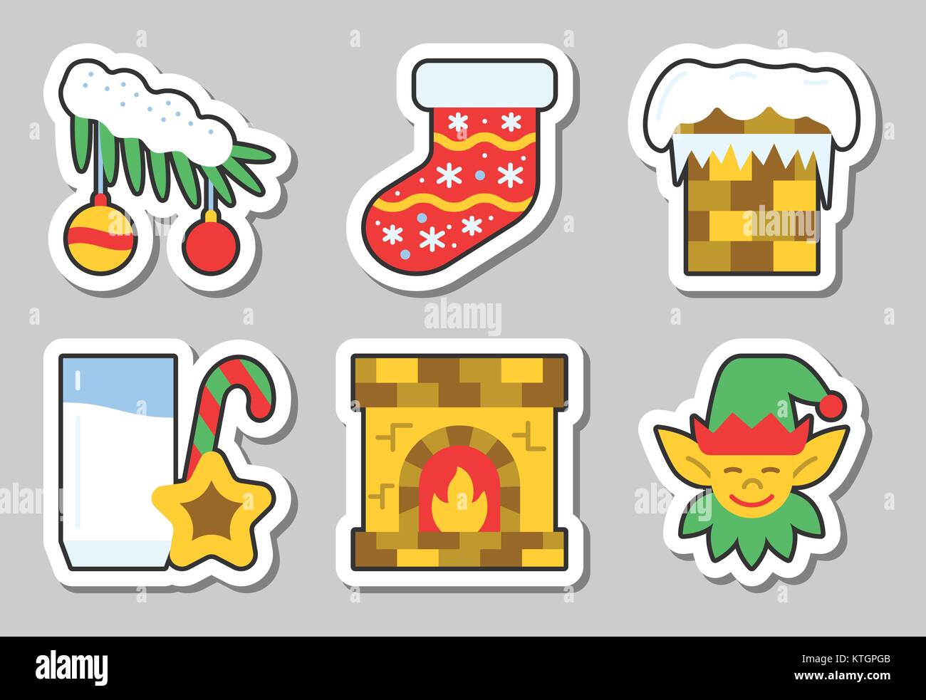 Natale e Anno Nuovo Adesivo icone impostare isolato illustrazione vettoriale stile piatta color patch element collection per badge, web, banner, stampa etichetta, etichetta, Illustrazione Vettoriale