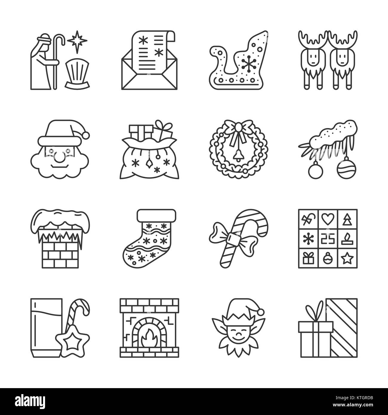 Natale linea sottile icon set. Anno nuovo vettore simbolo lineare pack. Segno di contorno senza riempire. Corsa modificabile. Semplice collezione grafica. Web, stampa c Illustrazione Vettoriale
