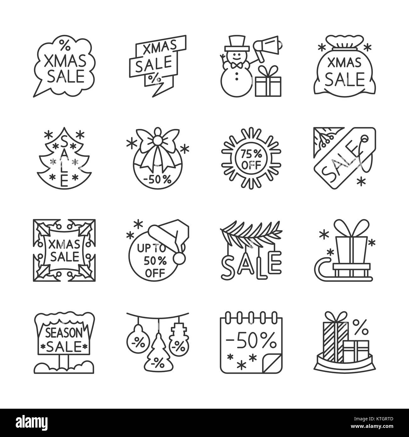 Stagione di Natale vendita sottile linea icon set. Anno nuovo vettore di distanza lineare corsa modificabile simbolo pack. Profilo semplice segno scudetti, web, banner, stampa Illustrazione Vettoriale