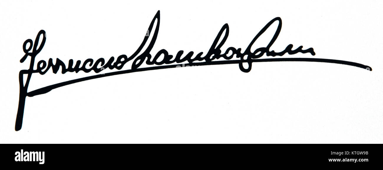 Un autografo di Ferruccio Lamborghini, il fondatore italiano della Lamborghini, noto per i suoi contributi alla progettazione e alla produzione automobilistica, in particolare nelle auto sportive di lusso. Foto Stock