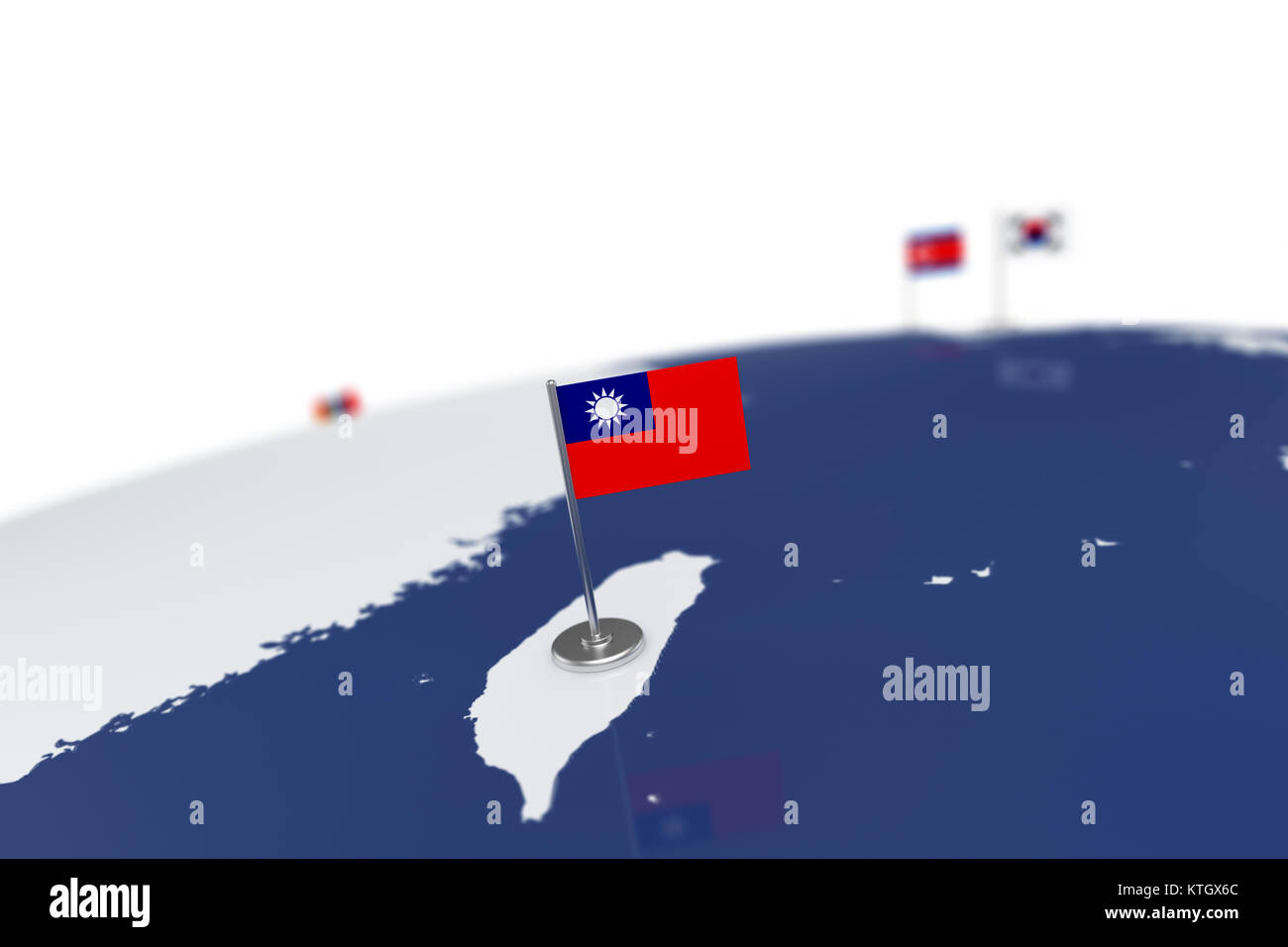 Bandiera di Taiwan. Bandiera del paese con chrome pennone sulla mappa del mondo con i vicini paesi di frontiere. 3d illustrazione bandiera di rendering Foto Stock