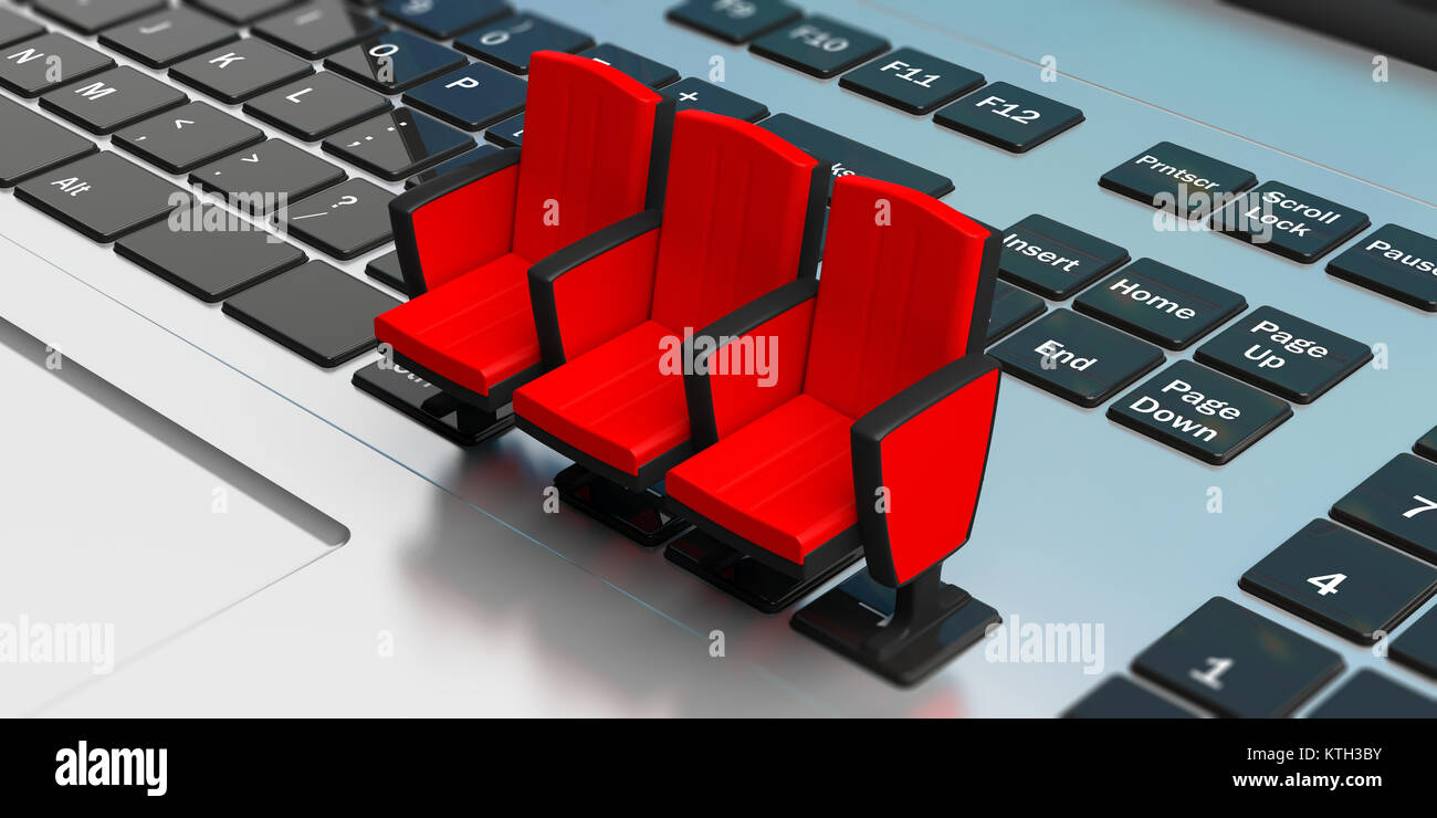 Live streaming video guarda la nozione. Teatro rosso sedie sul computer keyboar. 3d illustrazione Foto Stock