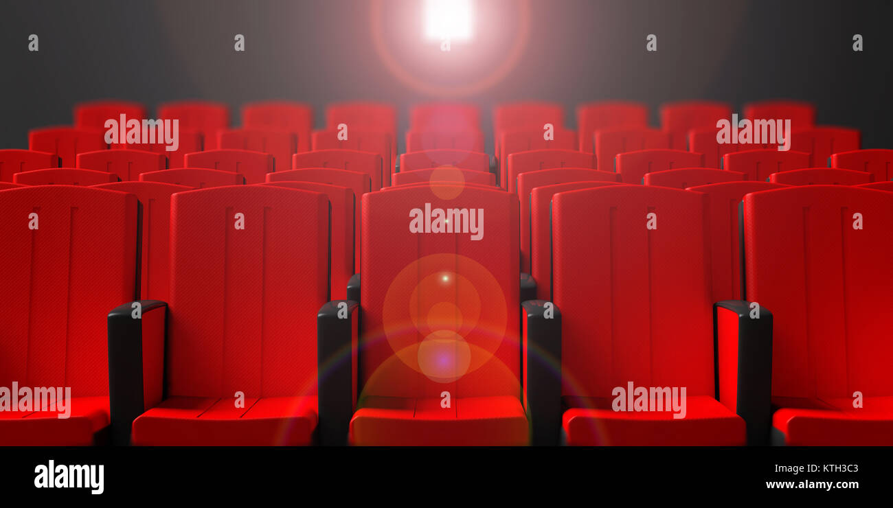 Teatro rosso sedie su sfondo scuro con luce di proiezione, vista frontale. 3d illustrazione Foto Stock