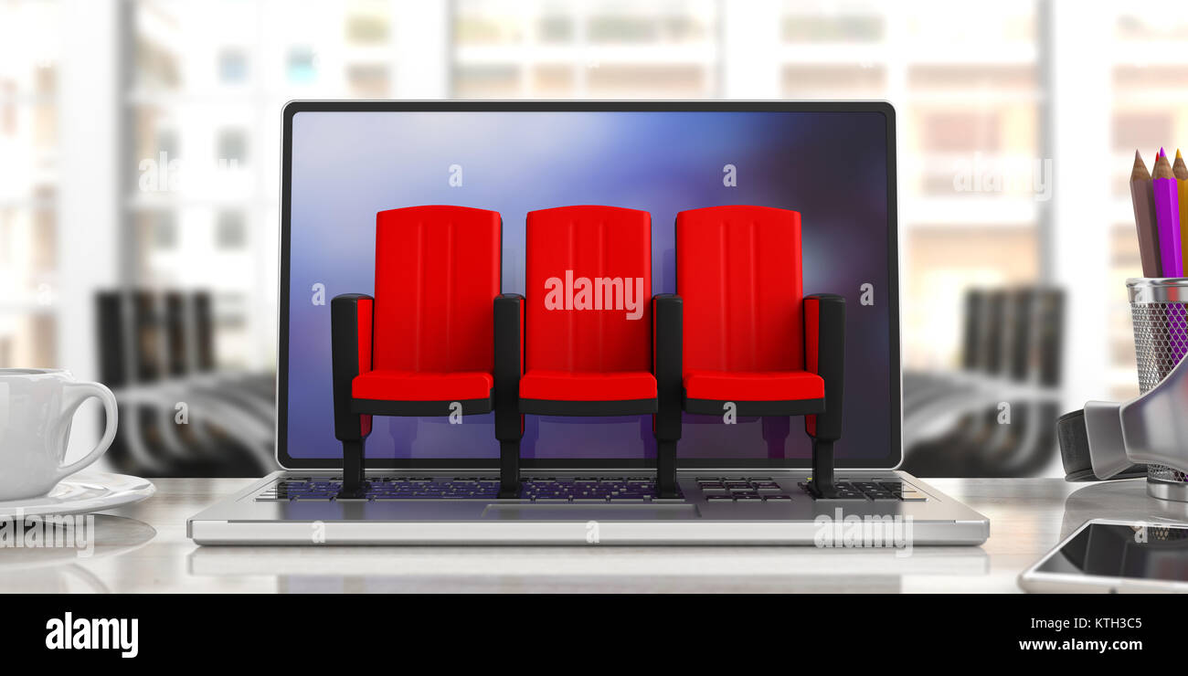Teatro rosso sedie sul computer keyboar, ufficio di sfocatura dello sfondo. 3d illustrazione Foto Stock
