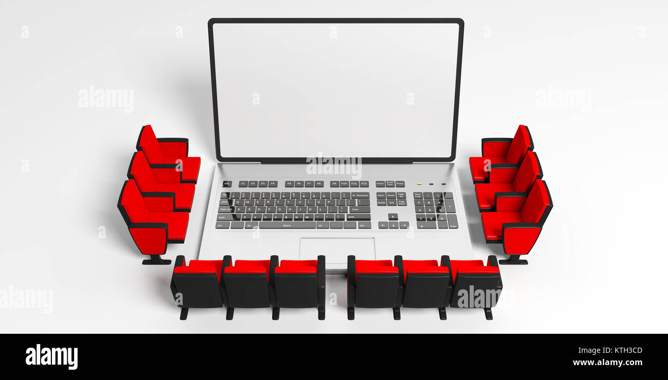 Sistema di Home Cinema o webinar concetto. Cinema sedie attorno a un computer portatile, schermata bianca vuota per copyspace, sfondo bianco. 3d illustrazione Foto Stock