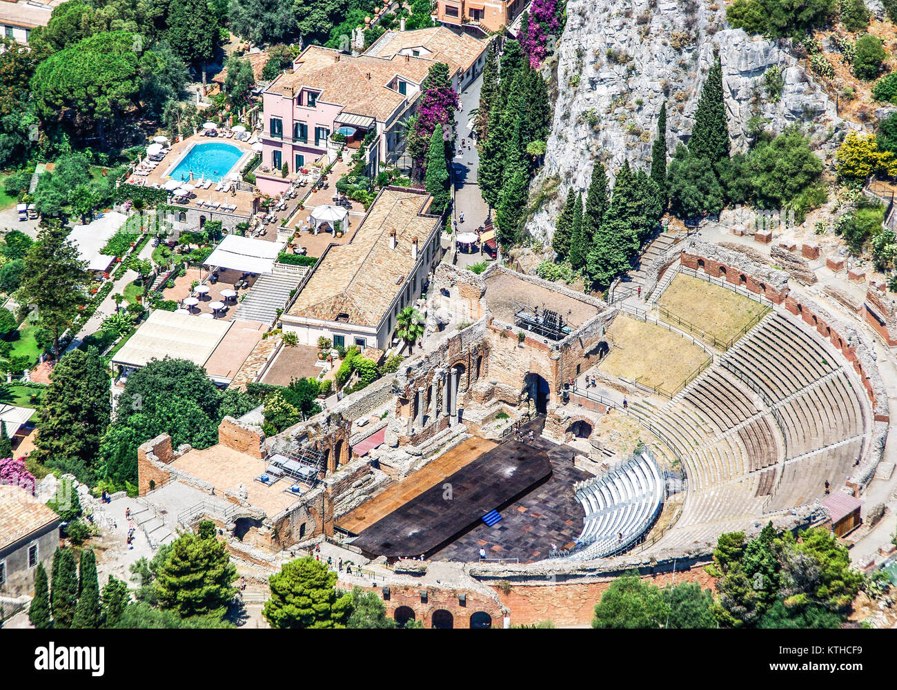 Veduta aerea del Teatro Greco di Taormina in Sicilia Foto Stock