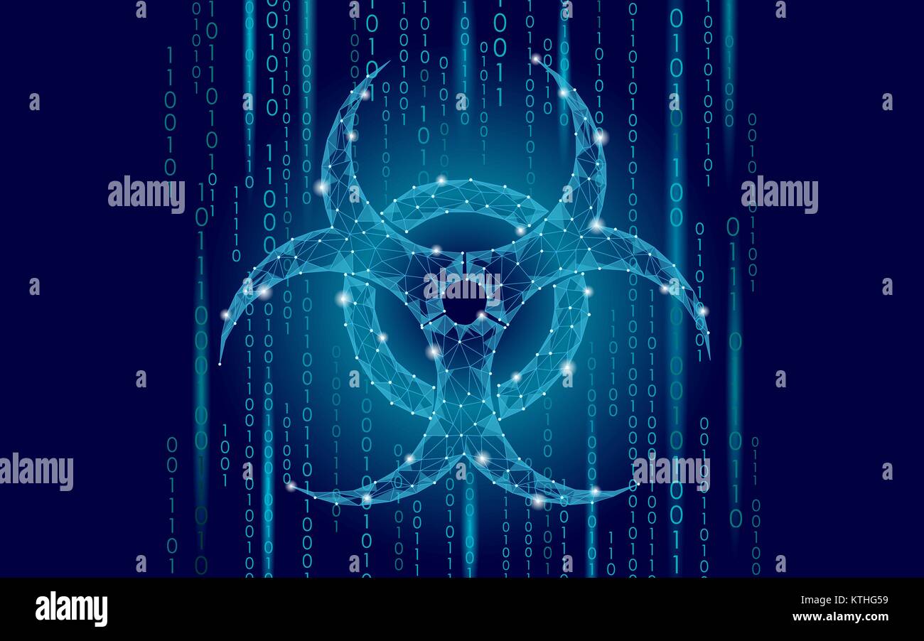 Computer web attacco di virus pericolo. Segnale di rischio biologico epidemia dei dati di allarme di sicurezza di informazioni sicuro di avvertimento. Quarantena di hacker inquinamento tossico concetto triangolo linea poligonale blu illustrazione vettoriale Illustrazione Vettoriale