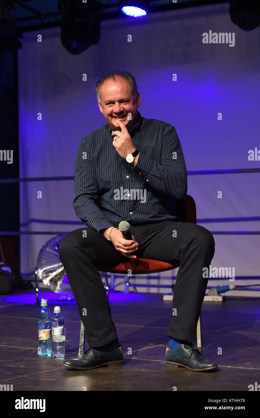 Presidente slovacco Andrej Kiska parla durante Pohoda music e arts festival di Trenčín, Slovacchia. 8 Luglio 2017 Foto Stock