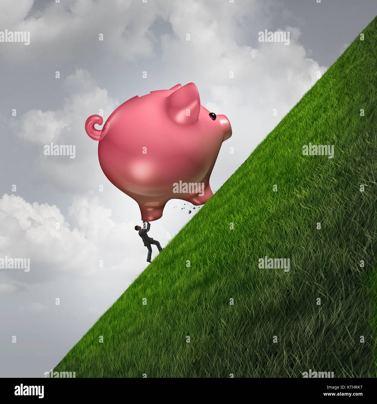 Risparmio di denaro sfida come una persona spinge in alto un salvadanaio come un budget finanziario lotta metafora con 3D'illustrazione degli elementi. Foto Stock