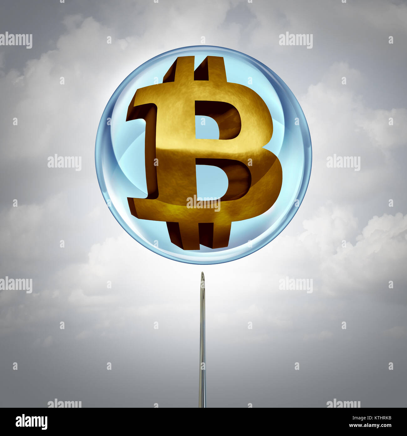 Bolla Bitcoin symbol come cryptocurrency o crypto moneta in un palloncino e un ago vicino a scoppio l'icona gonfiato come una metafora finanziaria. Foto Stock