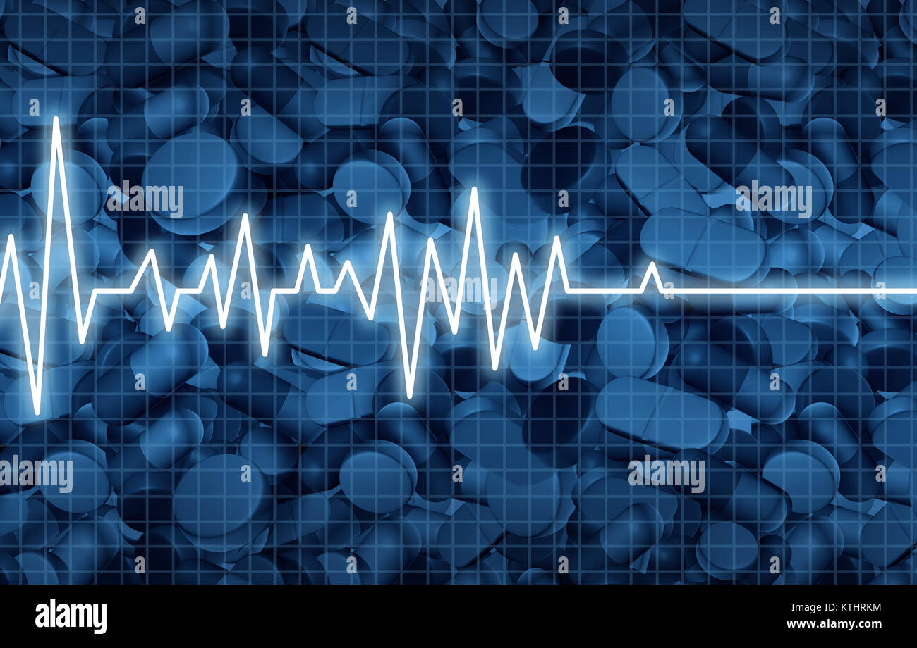 Oppioide crisi di morte e di prescrizione antidolorifico la tossicodipendenza concetto epidemia come un elettrocardiogramma o un monitor ECG vita flatline su pillole come un fanatico del medico. Foto Stock