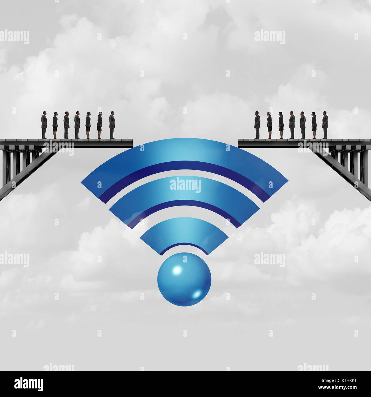 Connettività Internet e connessione al web di un concetto o di soluzione online come simbolo di un simbolo di wifi nel colmare il divario per collegare la società. Foto Stock